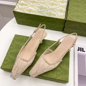 2022 Luxury Women's G Slingback Sandals Pump Ari Slingback Shoes presenteras i svart nät med kristaller glittrande motiv tillbaka spänne stängning storlek 35-41 bnmmk