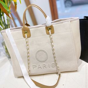 Womens Pearl Letter Canvas Beach Shopping Påsar Deauville Clutch med kedjans topphandtag Totes Guldmetallkedja axelficka stora kapacitet handväskor 37x29cm