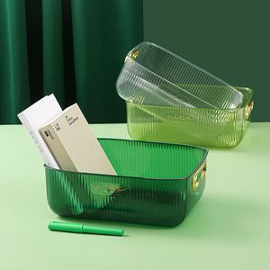 Opslagmand met handvat cosmetisch transparante groene doos bureaublad zonsondergenerde plastic organizer huishoudelijke make up keukenmandcontainer