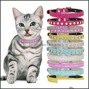 Cat Collars Leads Solid Color Collar Traction Rhinestones Inlay Leather Adjustable Mti Reflect Cute Sunshine Pet Dogs Cats Tow Rop Dhq0Y