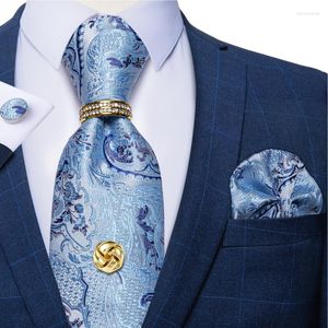 Bow Ties Luxury Designer Blue Paisley Silk Gifts For Men Gold Metal Tie Tack With Chain Ring Drop DiBanGu