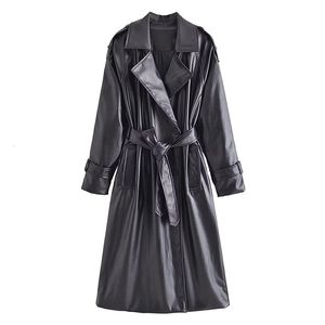 Trench da donna in pelle finta autunno moda casual chic con cintura trench vintage bavero manica lunga slim fit giacca tinta unita 221111