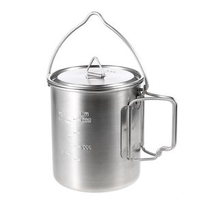 Camp Kitchen 750ml Stainless Steel Outdoor Camping Pot Hang Cup Water Mug with Lid and Foldable Handle Cooking Picnic 221107