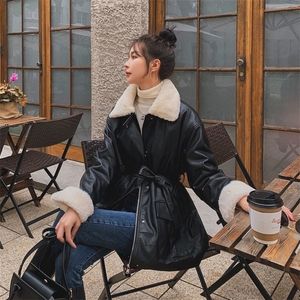 Women's Leather Faux Winter Oversized Jacket Women with Rex Rabbit Fur Inside Warm Soft Thickened Lined Coat Long Sleeve 221111