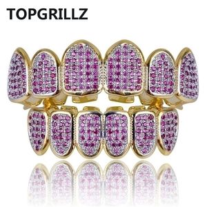 Pendant Necklaces Fit Hip Hop Gold Teeth Caps Micro Pave Fuchsia Cubic Zirconia Top Bottom Grills Set for Christmas Gift Women 221109