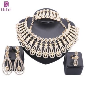 Exquisite Dubai Gold Wedding Bridesmaid Crystal Necklace Earrings Bracelet Ring Party Costume Italian Jewelry Set