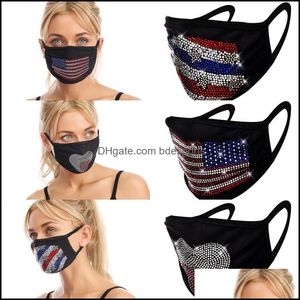 Designer-Masken, Amerika-Flaggen, Stern, Herz, Atemschutzmaske, faltbar, mit Strasssteinen, wiederverwendbar, atmungsaktiv, Mascherine, waschbar, individuell, gut, Dh8Go