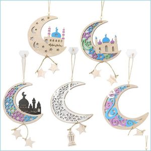 Andra festliga festförsörjningar Eid Alfitr Party trälornament Ramadan Kareem Islamiska muslimska månformade hängande plackskylt Drop Dhmrs