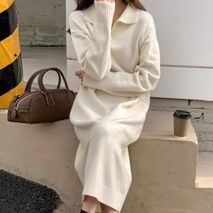 Casual Dresses Apricot Soft Woolen Dress Women 2022 Winter Fall Turn-Down Collar Loose tr￶ja damer full￤rmad koreanska stickade kl￤der