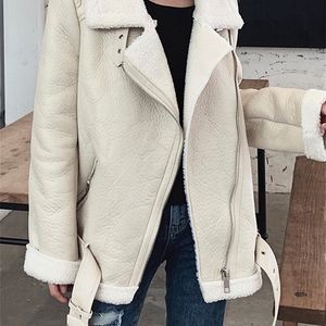 Damen Leder Faux Ailegogo Frauen Lammfell Jacke Mantel Umlegekragen Winter Dick Warm Reißverschluss Mit Gürtel Oberbekleidung 221111