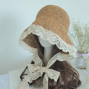 Wide Brim Hats Summer Sun Women Fashion Lolita Girl Straw Hat Ribbon Bow Beach Side Cap Ladies Korean Sweet Lace Female