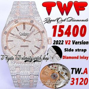 TWF V2 tw15400 A3120 Orologio automatico da uomo Quadrante con diamanti pavimentati Lato in acciaio con diamanti Bracciale bicolore Super Edition Gioielli per l'eternità Orologi completamente ghiacciati