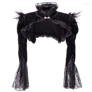 Women's Jackets Black Victorian Gothic Bolero Women Jacket With Feathers Stand Collar Long Sleeve Lace And Corduroy Jaqueta Feminina