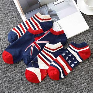 Meias masculinas 5 pares de moda masculina bandeira nacional chinelos de algodão americano masculino não deslizamento invisível no tornozelo listrado sox meias