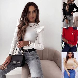 Women's Sweaters 2022 Women's Slim Fit High Neck Button Decoration Long Sleeve Knitted Shirt Street Clothing Factory Direct Wholesale