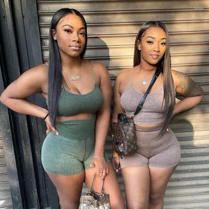 Women's Tracksuits Summer Solid Ribbed Tank Tops Two Piece Set Spaghetti Straps Crop Shirts Cargo Shorts Pants Women Sweatsuits Clothes