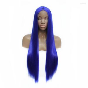 Syntetyczne peruki długie jedwabiste proste włosy koronkowe przednią perukę jasnoniebieską środkową część cosplay bezsklucień dla kobiet