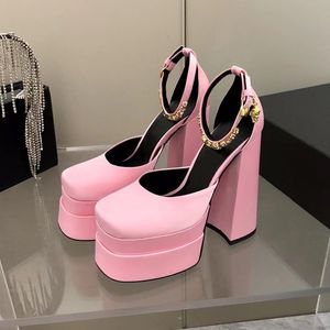 Fashion Super High heel Sandals shoes real silk leather heeled women dress Shoes Luxury Designer Square head platform 15.5CM heels Ankle Wrap womens Sandal