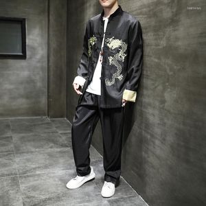 Etnik Giyim Büyük Boy Tang Takım Elbise Disk Toka Nakış Çin Tarzı erkek Retro Keten Hanfu Antika Iki parça Traje Tai Chi