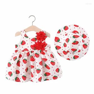 Girl Dresses Kids Baby Girls Clothing 2022 Summer Strawberry Printing With Hat Beach Sweet Holiday Children Dress 0-3 Y