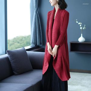 Women's Trench Coats SELLING Miyake Fold Outerwear Pleated Solid Length Sleeve Wide-waisted Turndown Collar LOOSE IN STOCK