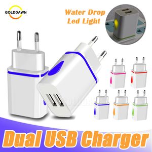 Dual Travel USB Charger US EU Plug 5V 2A Travel Wall Adapters Water Drop Led Light For Universal Mobile Phone Charging Adapter