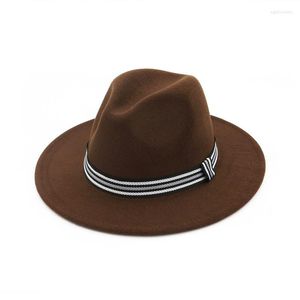 Berets Vintage Flat Brim Women Men Wool Felt Formal Party Jazz Trilby Fedora Hat With Striped Ribbon Winter Spring Lady Cap