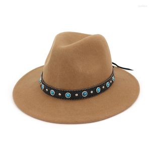 Berretti Cappelli Fedora Jazz a tesa larga in lana con decorazione in pelle Cappello unisex in feltro Panama Cappello da cowboy Trilby per uomo Donna