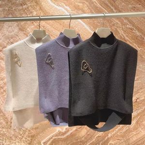 Kvinnors tröjor Japan Style Tidig Autumn Elegant ärmlös Half High Collar Solid Knit Pullover Tops med Brosch Chic Jumper Mujer