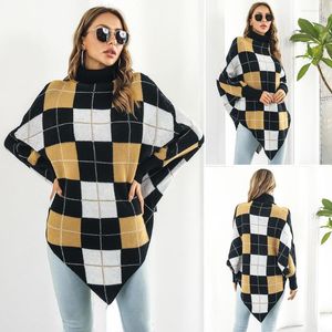 Women's Sweaters Plaid Cape Sweater For Women Coat Women's Mid-length Turtleneck Dolman Sleeves Loose Autumn And Winter Fashion Clothing