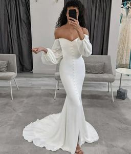 Eleganti abiti da sposa a sirena con scollo a V lungo con maniche Abiti da sposa da donna in raso avorio personalizzato con bottoni sul retro