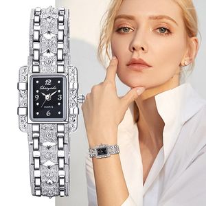 Нарученные часы роскошный прямоугольник на циферблате женщины смотрят серебряная из нержавеющая сталь хрустальный страх стразы Смотри.