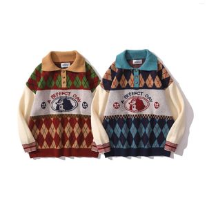 メンズセーターヒップホップ日本のレトロセーターの男性プルオーバー女性格子縞のポロカラー秋冬の特大のBFスタイルニット