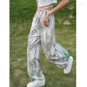 Kvinnor Pants Women's Capris Wide Leg Pant Women Vintage Flare Green Gradient Tie Dye Casual Loose rakt H￶g midja Drape Plus