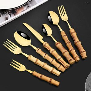 Geschirr Sets 7 stücke Gold Bambus Geschirr Set Edelstahl Natur Griff Retro Besteck Steak Messer Tisch Gabel Löffel Dessert geschenk