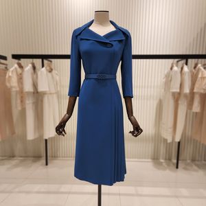 Autumn Winter Large Lapel Fashion Workwear Officestyle pendlare A-Line V-Neck Dress Mid-Lengen ￶ver kn￤et veckad bottenkl￤nning med Belt BS134