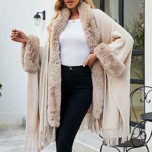 Kvinnors päls snabb leverans faux kappa tassel cape huva poncho stickar löst plus size kvinnors vinterrockar sjal mode fast färg