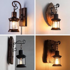 Wandleuchten im Freien Rustikale Eisen-LED-Lampe Industrielle Vintage Holz Glas Laterne Licht Loft Café Bar Gang Retro Dekoration Wandlampen