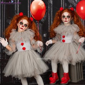 Special Occasions Gray Girls Halloween Costume Tutu Dress Creepy Clown Kids Carnival Party Cosplay Clothing Children Tulle Fancy Up 2 12Year 221111