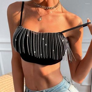 Kvinnors tankar 2022 Fashion Sexig Lady Rhinestone Tassel Camisole Kvinnor ärmlös lågskuren smal passform Tank Top Club Party Crop Streetwear