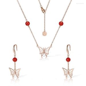 Necklace Earrings Set Fashion Temperament 316 Stainless Steel High Quality Electroplated Rose Gold Red Agate Butterfly And