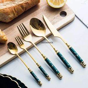 Dinnerware Sets 5PCS Ceramic Tableware Fork Spoon Knife Set Vintage Cutlery 304 Stainless Steel Dinner Green Marble Handle