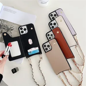 Rope Folio Lychee Pattern Leather Phone Cases for iPhone 14 13 12 11 Pro Max XR XS 7 8 Plus SE2 SE3 Adjustable Lanyard Card Slot Wallet Clutch Kickstand Protective Shell