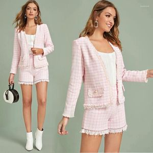 Frauen Trainingsanzüge Elegante Büro Dame Zwei Stück Set 2022 Frühling Sommer Langarm Tweed Mantel Und Shorts Anzüge Frauen 2 Outfits