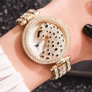 Wristwatches Luxury Women's Fashion Bling Ladies Business Quartz Watch Female Gold Crystal Diamond Leopard For Women Clock