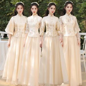 エスニック服中国の伝統的なシャンパン刺繍ブライドメイドドレス女性2022春秋エレガントなタングスーツバンケットプラスサイズ