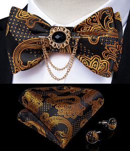 Neck Tie Set Bow s Self Men's Fashion Gold Paisley Wedding Party Bowtie 100%Silk Men Butterfly Hanky Brooch Pin Cufflinks DiBanGu 221014