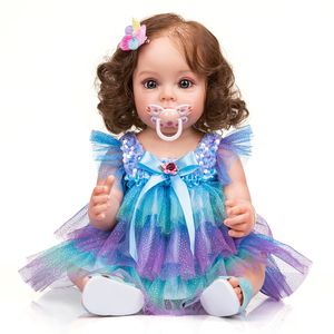 Dolls NPK 55CM FUll body Silicone Reborn Toddler Girl Princess Sue-Sue Hand-detailed Painting Rooted brown Hair waterproof Toy 221014