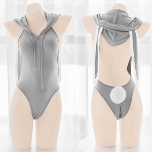 Cosplay Peruk Sevimli Kız Gri Tavşan Bodysuit Mayo Cosplay Kadınlar Seksi Fermuar İç Tavşan Roleplay Hoodie Backless Kapşonlu Dropship T221115 Tops