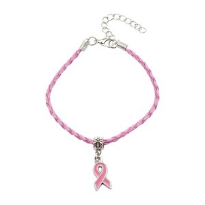 100pcs Hope Cancer du sein Conscience du ruban Bracelet de corde en cuir pendentif pour bracelet européen artisanat à la main bricolage